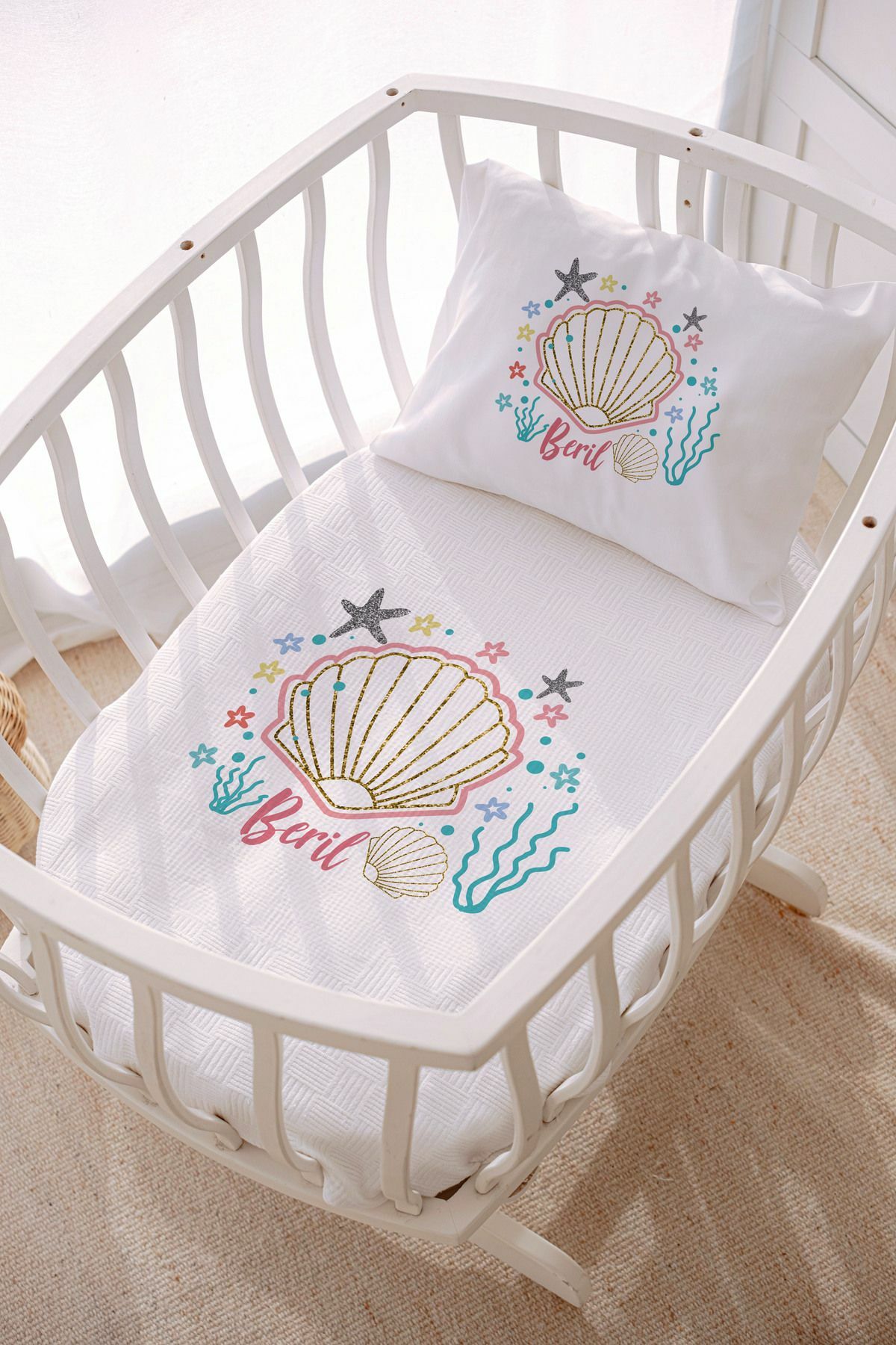 İsme Özel Park Yatak ve Anne Yanı Pike Seti (70x120 cm) Deniz Kabuğu