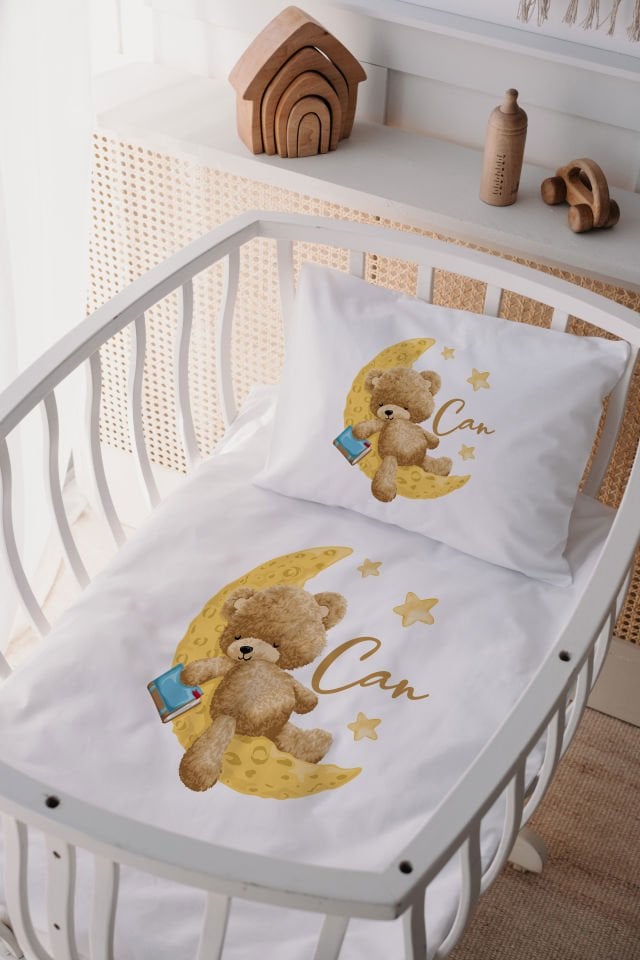 %100 Delux Pamuk İsme Özel 60x100 Anne Yanı Beşik Nevresim Takımı Ayıcık