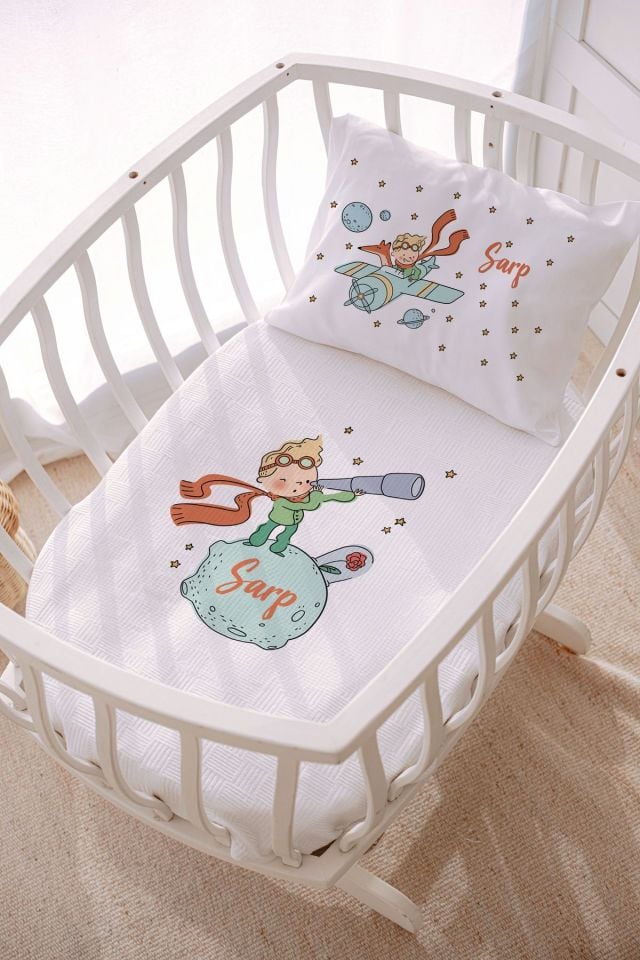 %100 Pamuk İsme Özel Park Yatak ve Anne Yanı Pike Seti (75x120 cm) Küçük Prens