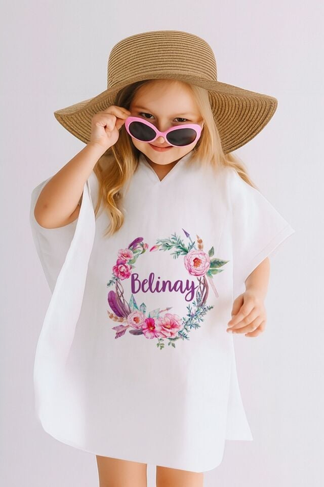 İsme Özel %100 Pamuk Müslin Kapüşonlu Kız Çocuk Panço Bornoz Çiçek Çember