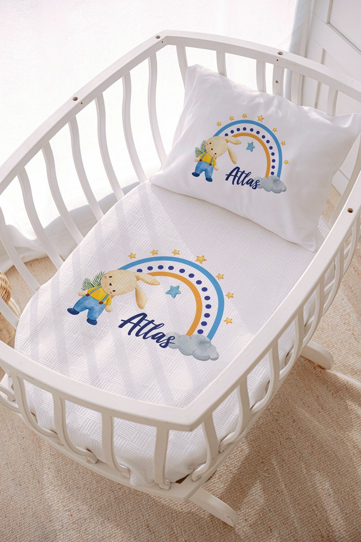 İsme Özel Park Yatak ve Anne Yanı Pike Seti (70x120 cm) Tavşan