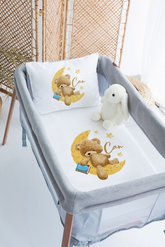 %100 Delux Pamuk İsme Özel 70x120 Park Yatak Nevresim Takımı Ayıcık