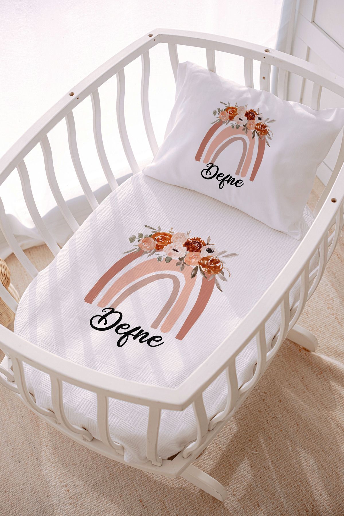 İsme Özel Park Yatak ve Anne Yanı Pike Seti (70x120 cm) Gökkuşağı