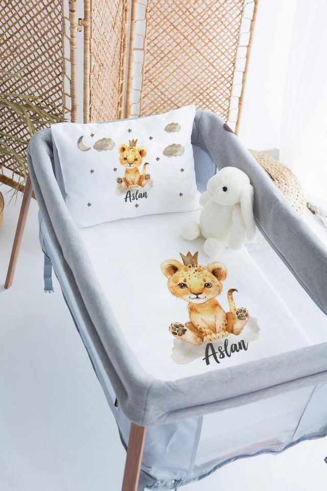 %100 Delux Pamuk İsme Özel 70x120 Park Yatak Nevresim Takımı Aslan