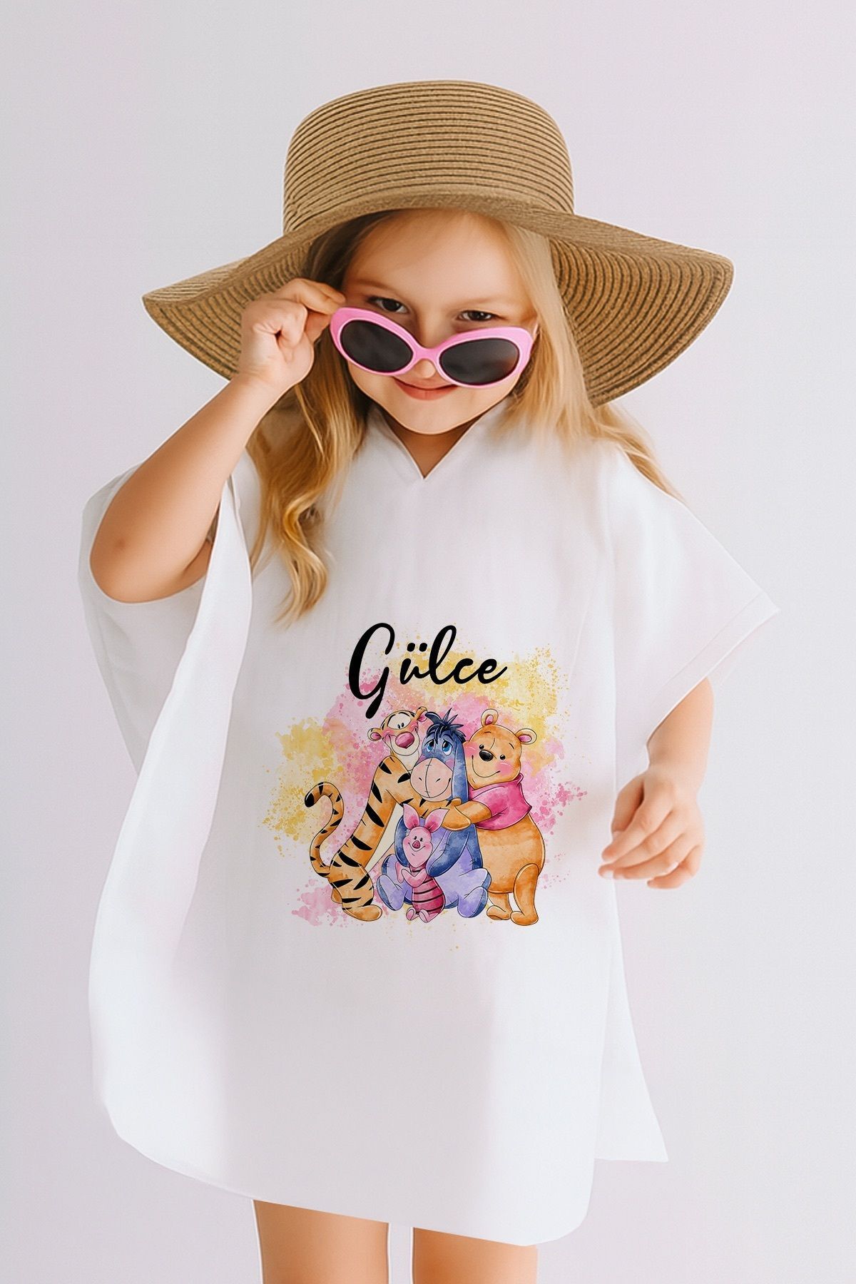 İsme Özel %100 Pamuk Müslin Kapüşonlu Kız Çocuk Panço Bornoz Winnie The Pooh