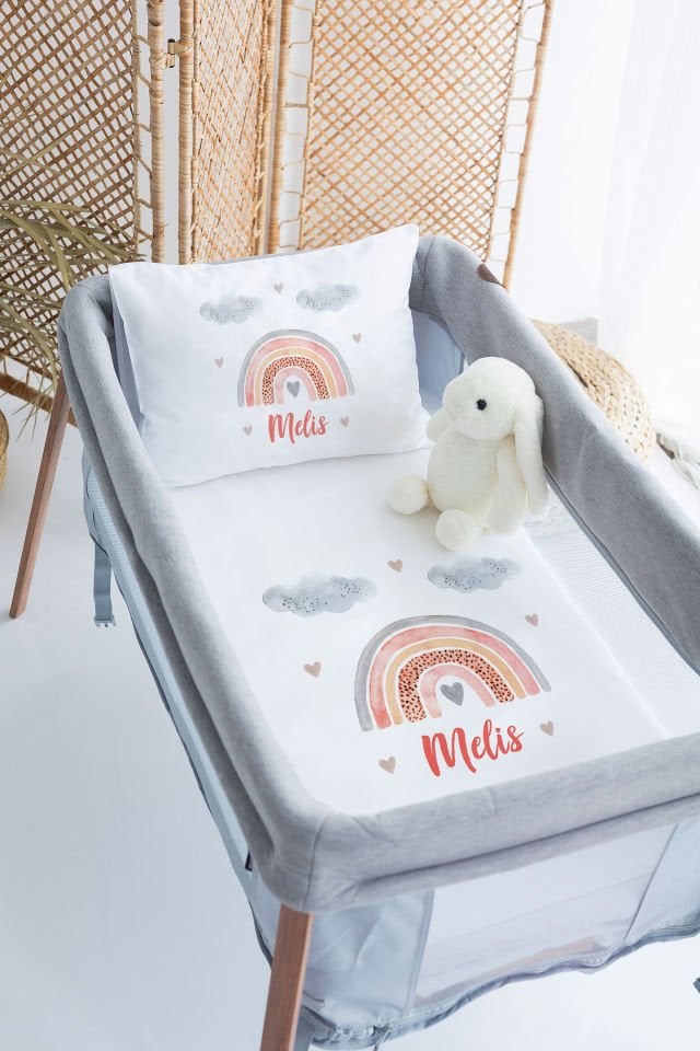 %100 Delux Pamuk İsme Özel 70x120 Park Yatak Nevresim Takımı Gökkuşağı