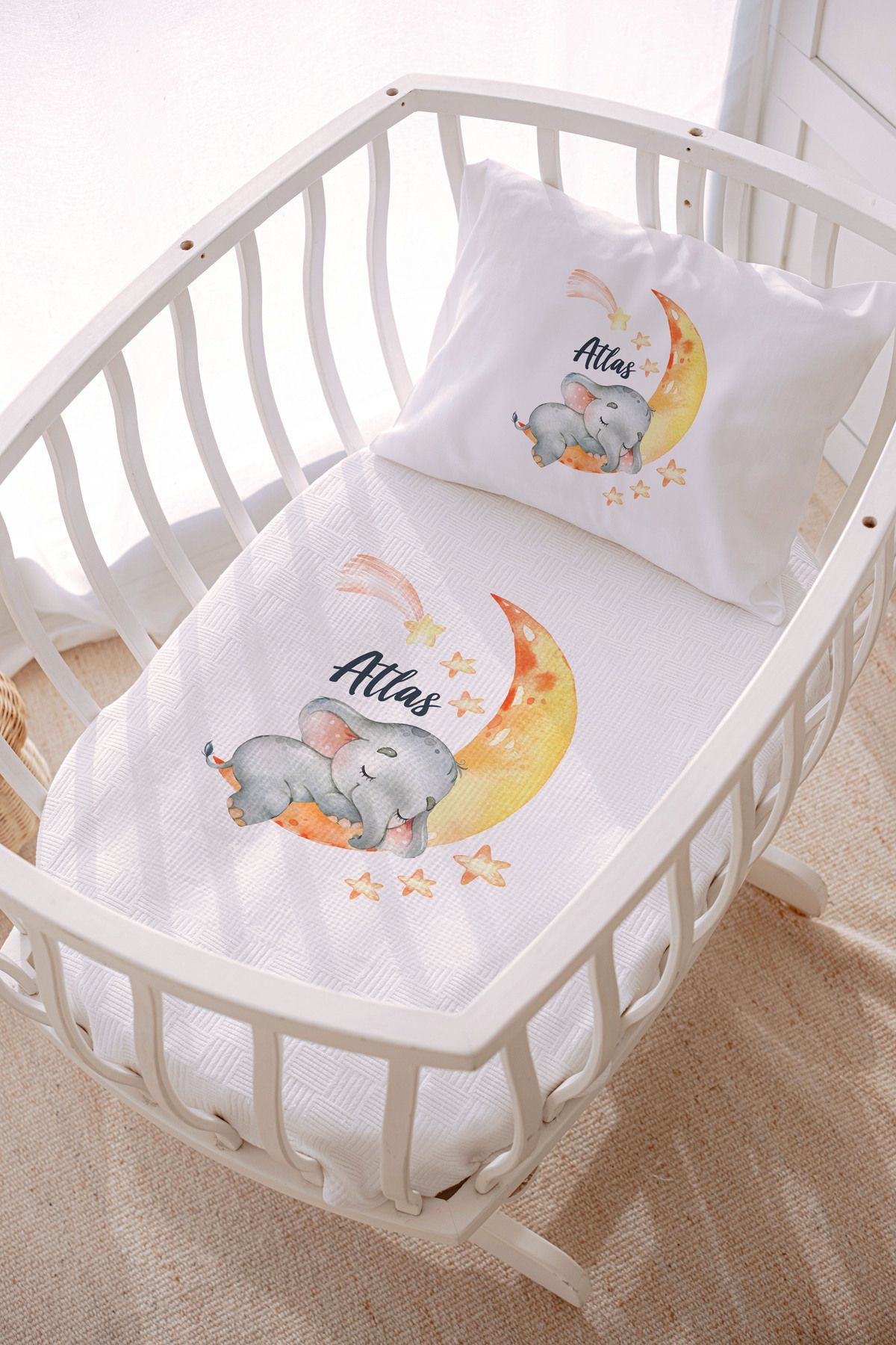 İsme Özel Park Yatak ve Anne Yanı Pike Seti (70x120 cm) Fil