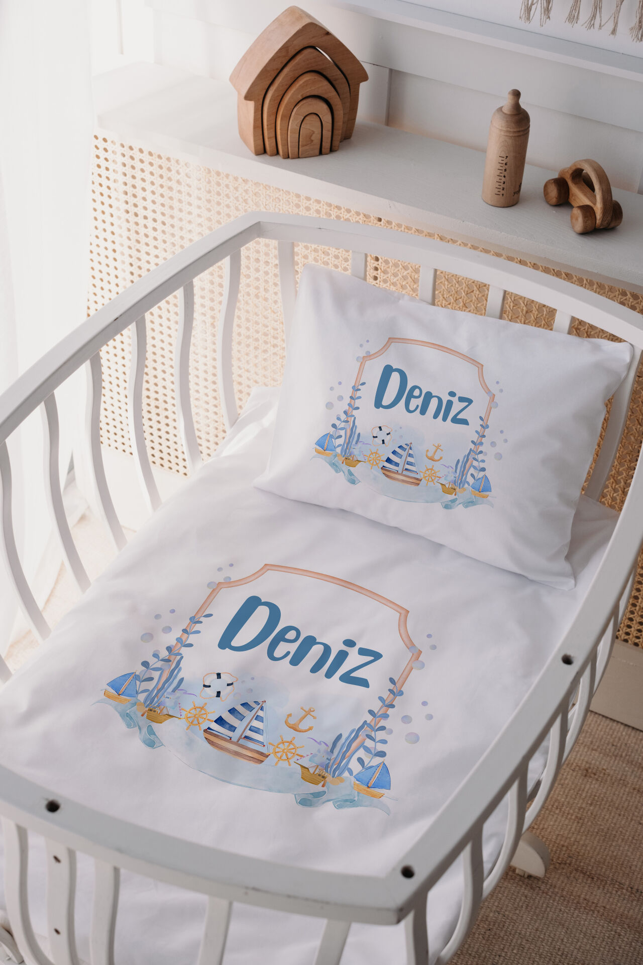 %100 Pamuk Saten Anne Yani Beşik Nevresim Takımı Denizci