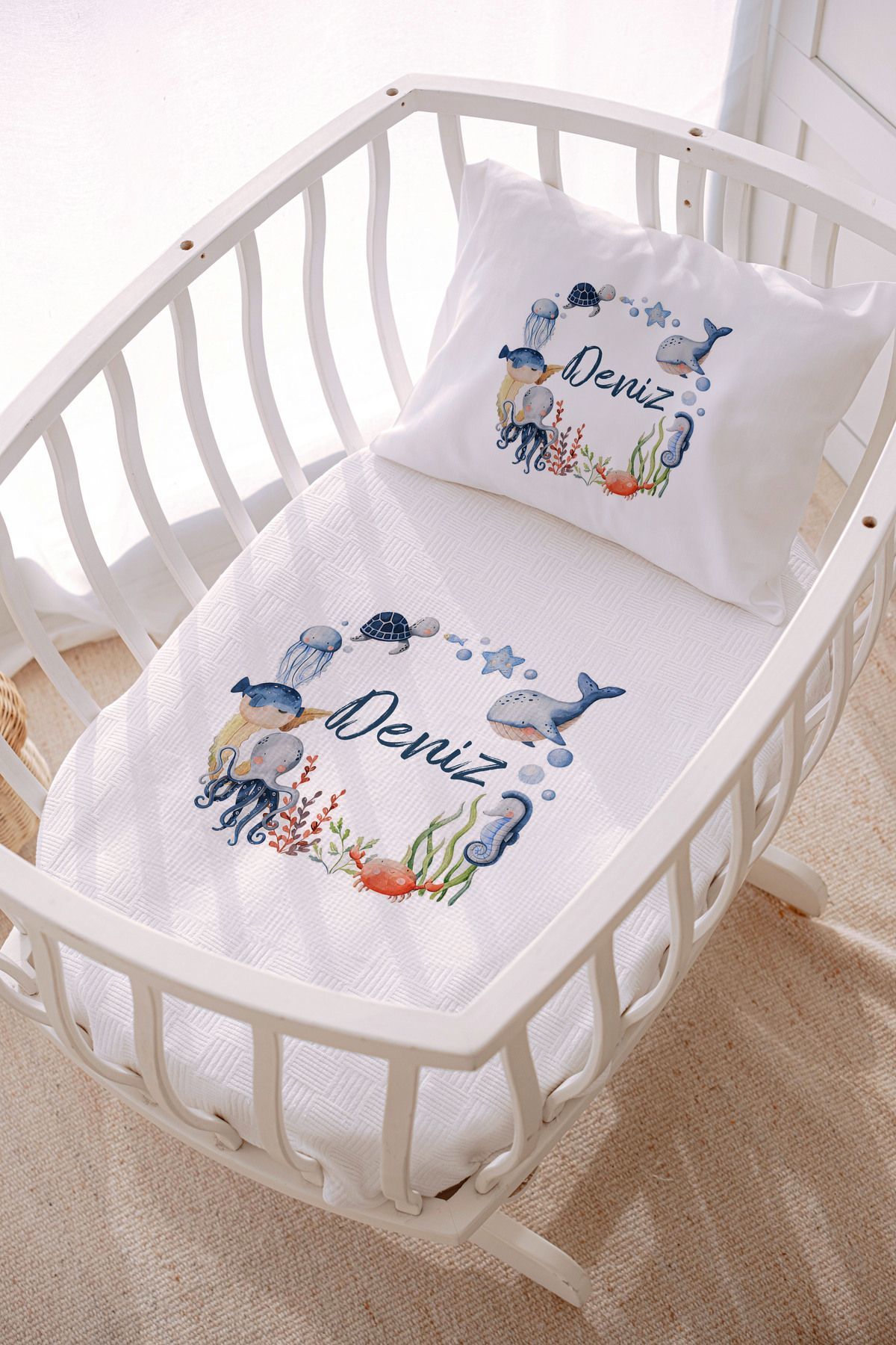 İsme Özel Park Yatak ve Anne Yanı Pike Seti (70x120 cm) Deniz Canlıları