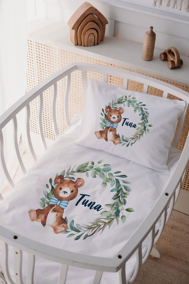 %100 Delux Pamuk İsme Özel 60x100 Anne Yanı Beşik Nevresim Takımı Ayıcık