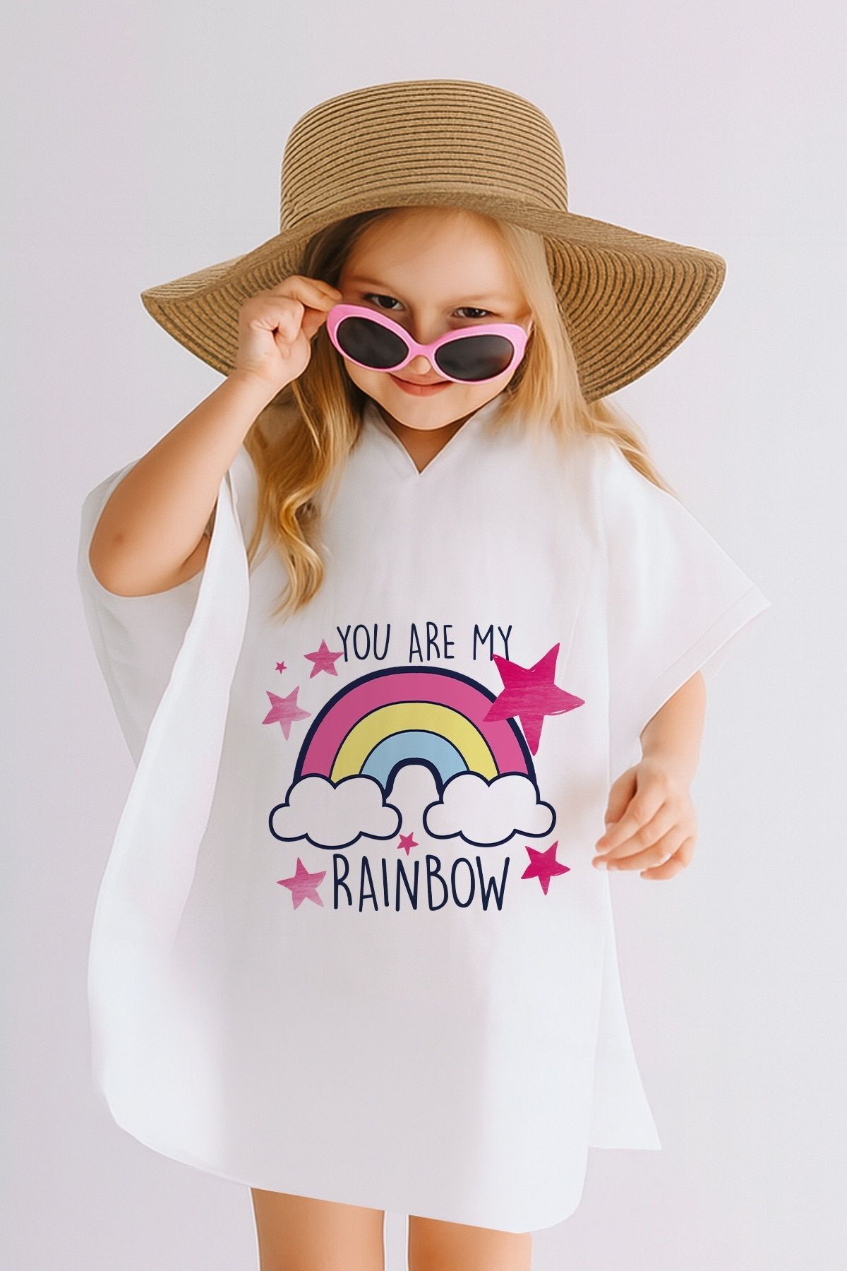 İsme Özel %100 Pamuk Müslin Kapüşonlu Kız Çocuk Panço Bornoz Gökkuşağı