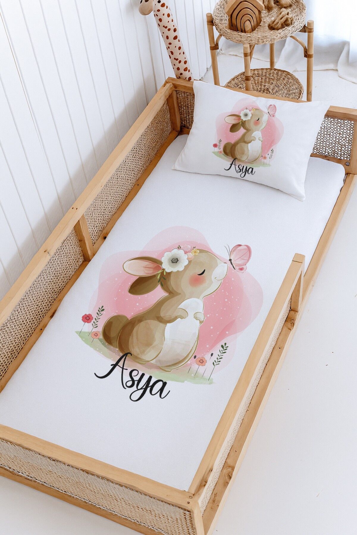 %100 Pamuk İsme Özel Montessori Yatak Pike Seti 100x200 Kelebek Tavşan